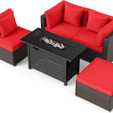 Tangkula 5 Piece Patio Rattan Sectional Sofa Set with 60,000 BTU Firepit Table