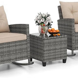 Tangkula 3 Piece Wicker Rocking Set, Patio Rattan Roker Chairs with Tempered Glass Table & Soft Cushions