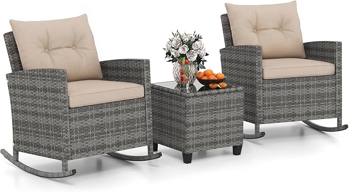 Tangkula 3 Piece Wicker Rocking Set, Patio Rattan Roker Chairs with Tempered Glass Table & Soft Cushions