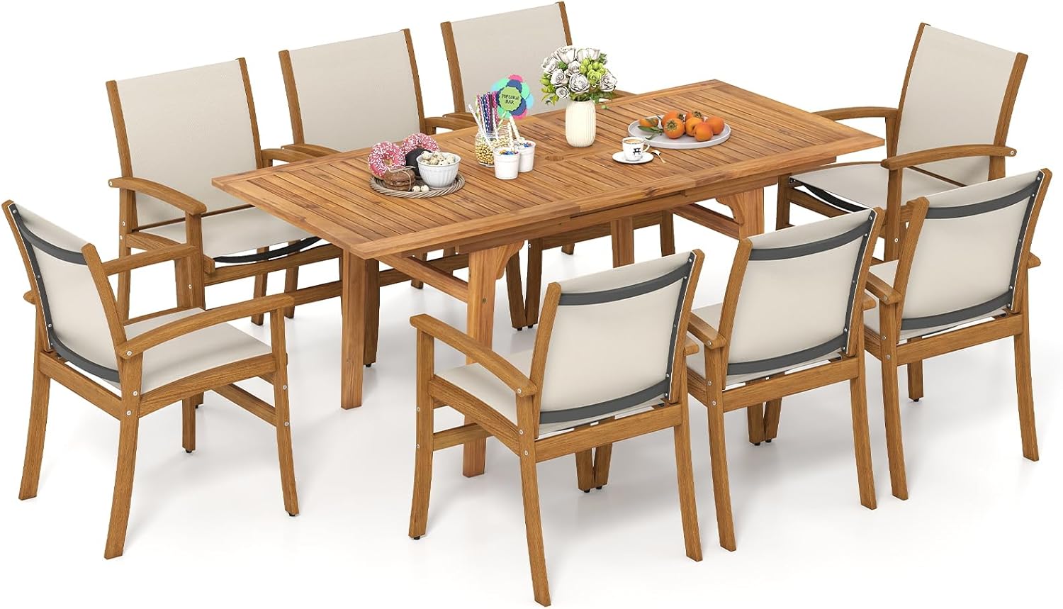 Tangkula 9 Pieces Acacia Wood Patio Dining Set for 6-8