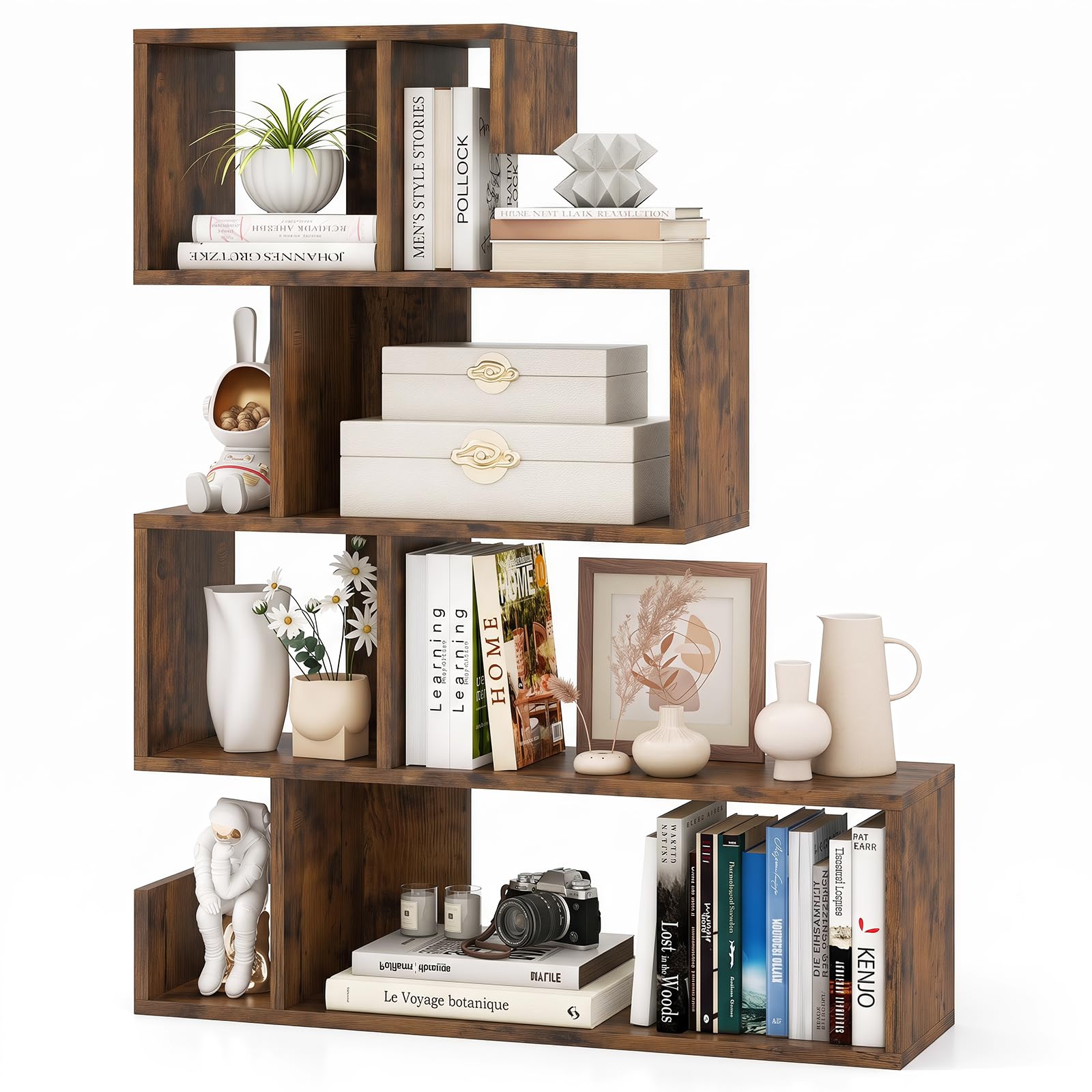 Tangkula S-Shaped Bookshelf, 5-Tier Modern Geometric Stepped Bookcase with Anti-Tipping Kits