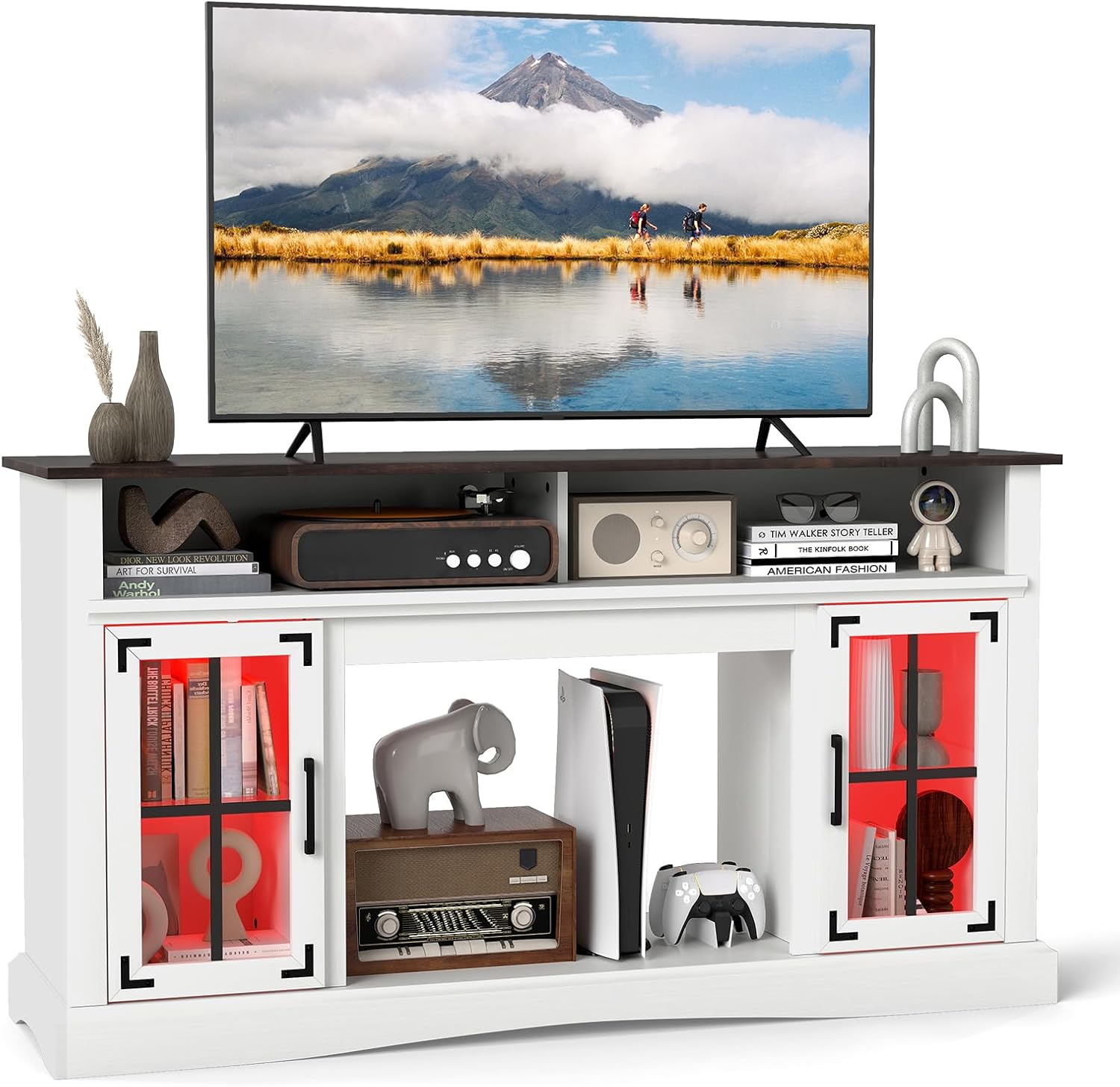 Tangkula 58” Farmhouse TV Stand with LED Lights and Remote Control