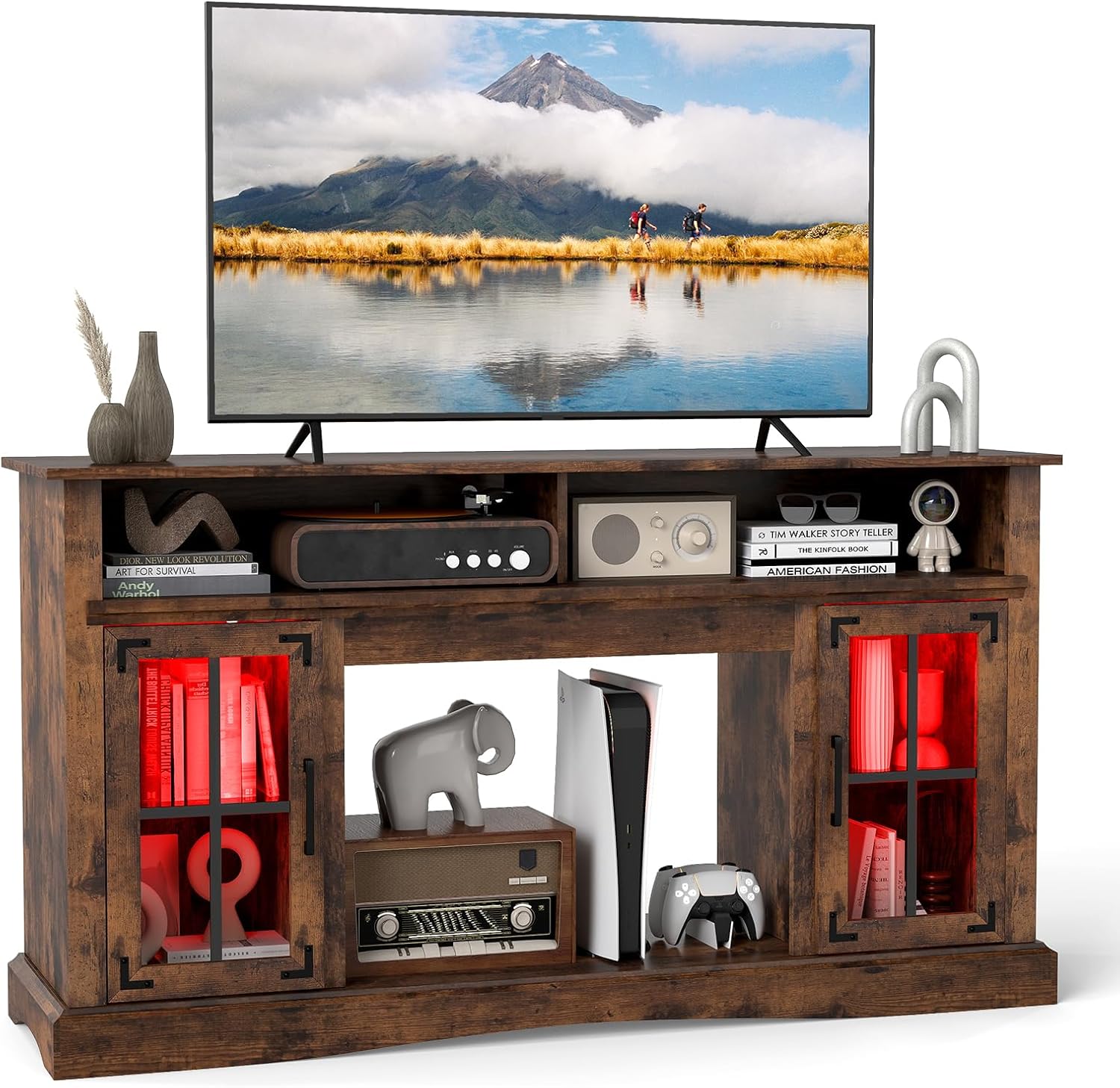 Tangkula 58” Farmhouse TV Stand with LED Lights and Remote Control