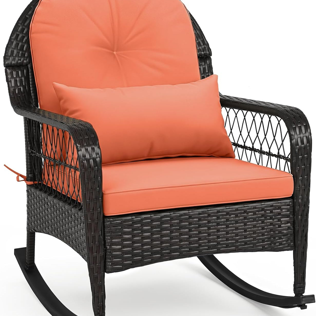 Patio Wicker Rocking Chair, Outdoor PE Rattan Rocker with Seat and Back Cushion