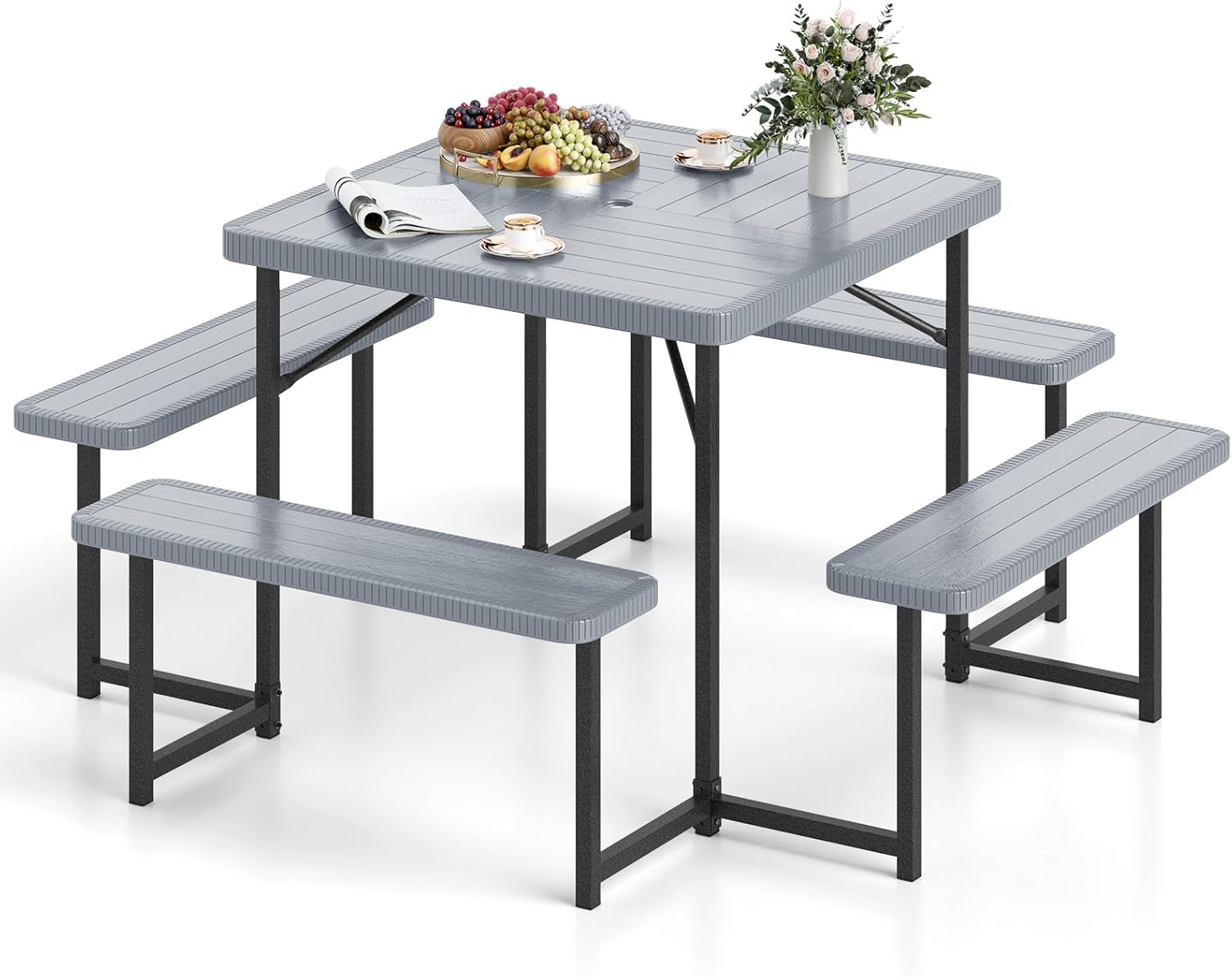 Tangkula 8 Person HDPE Outdoor Square Table and Bench Set with 4 Built-in Benches