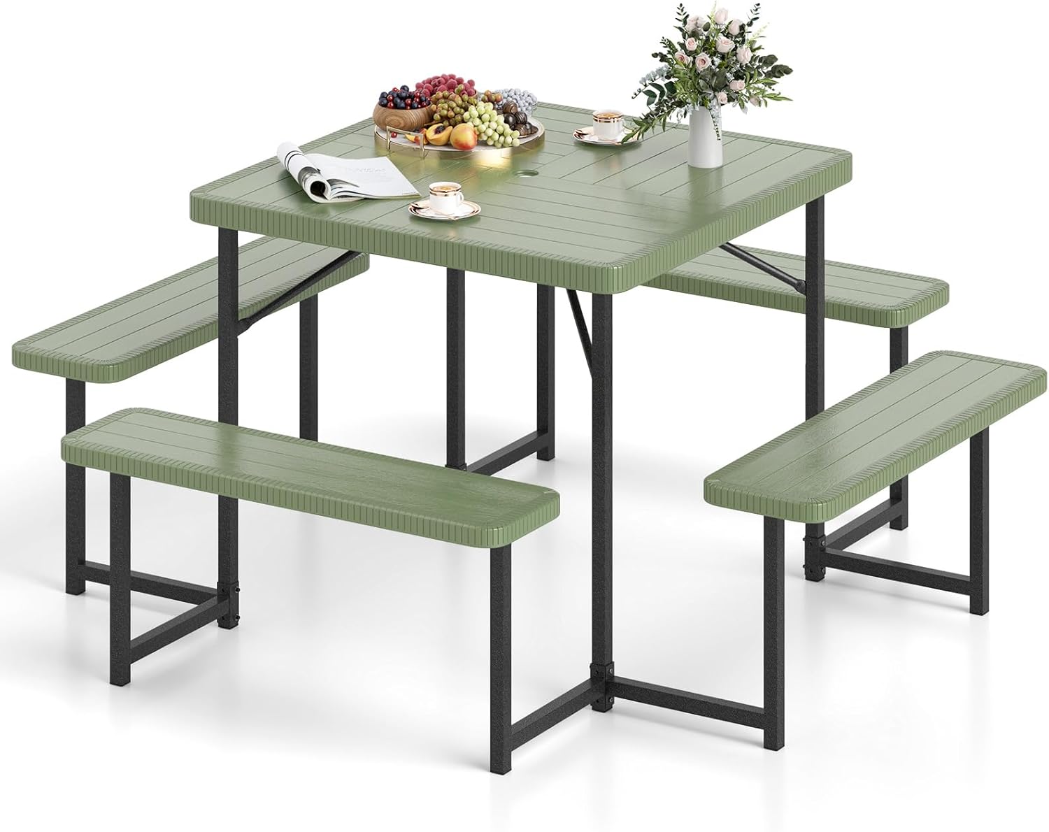 Tangkula 8 Person HDPE Outdoor Square Table and Bench Set with 4 Built-in Benches