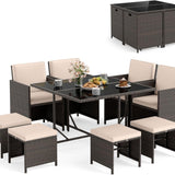 Tangkula 9 Piece Patio Dining Set with Tempered Glass Table & Ottoman