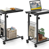 Tangkula Rolling Height Adjustable C Table, Mobile End Table with Detachable Wheels, Side Basket and Bottom Mesh Storage