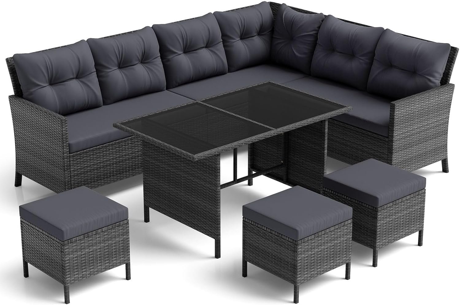 Tangkula 7 Pieces Patio Dining Furniture Set, Outdoor PE Rattan Sectional Sofa Set with Soft Cushions