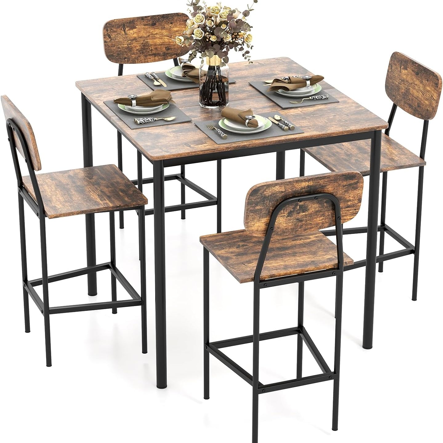 Tangkula Dining Table Set for 4, Vintage Counter-Height Dining Table & 4 Bar Chairs
