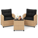 Tangkula PE Rattan Wicker 3 Pcs Outdoor Sofa Set w/Washable Cushion and Tempered Glass Tabletop
