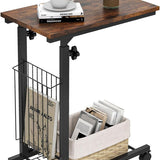 Tangkula Rolling Height Adjustable C Table, Mobile End Table with Detachable Wheels, Side Basket and Bottom Mesh Storage