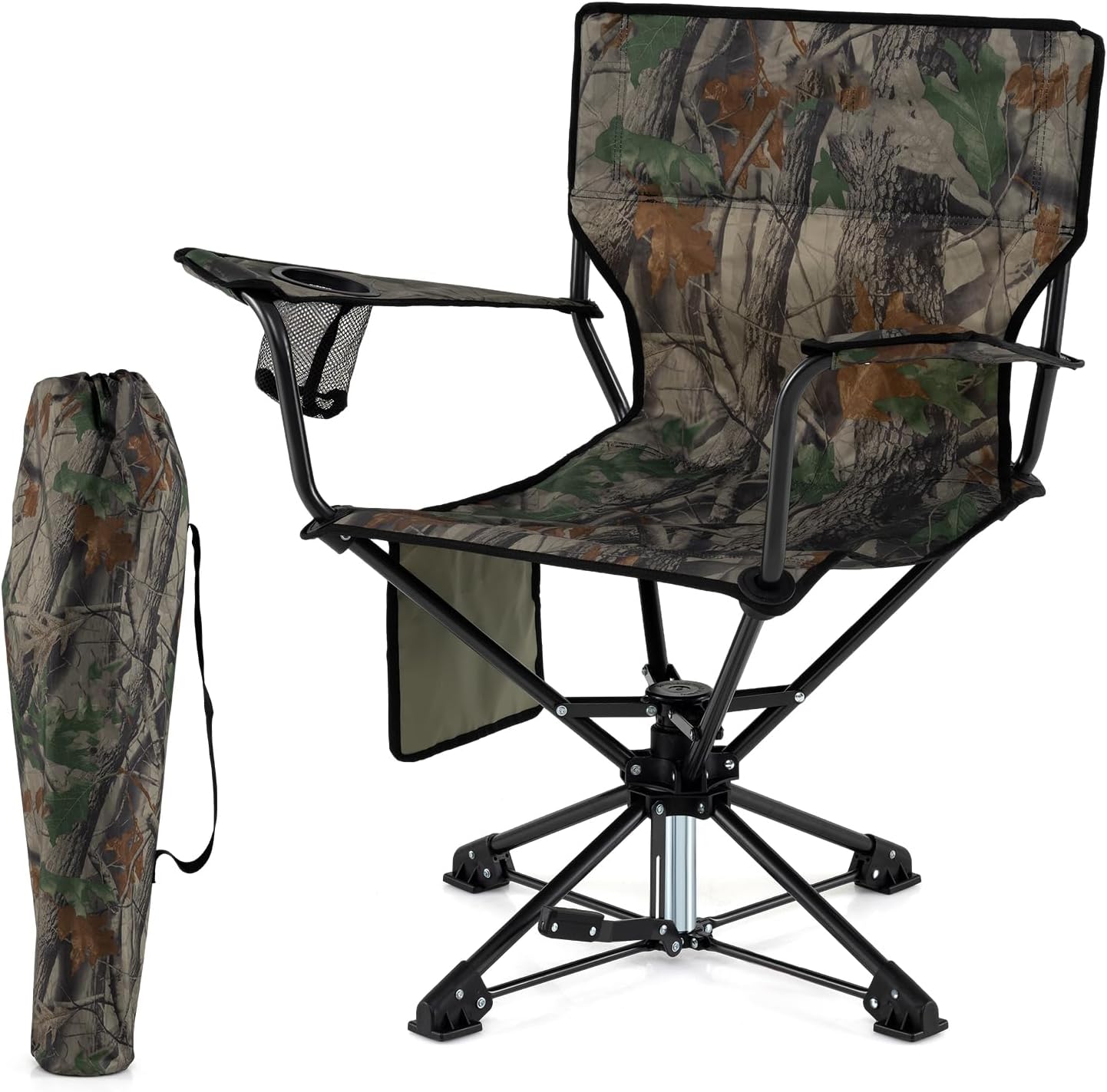 Tangkula Swivel Camping Chair, Portable Lawn Chair with Cup Holder, Storage Pocket, Carrying Bag