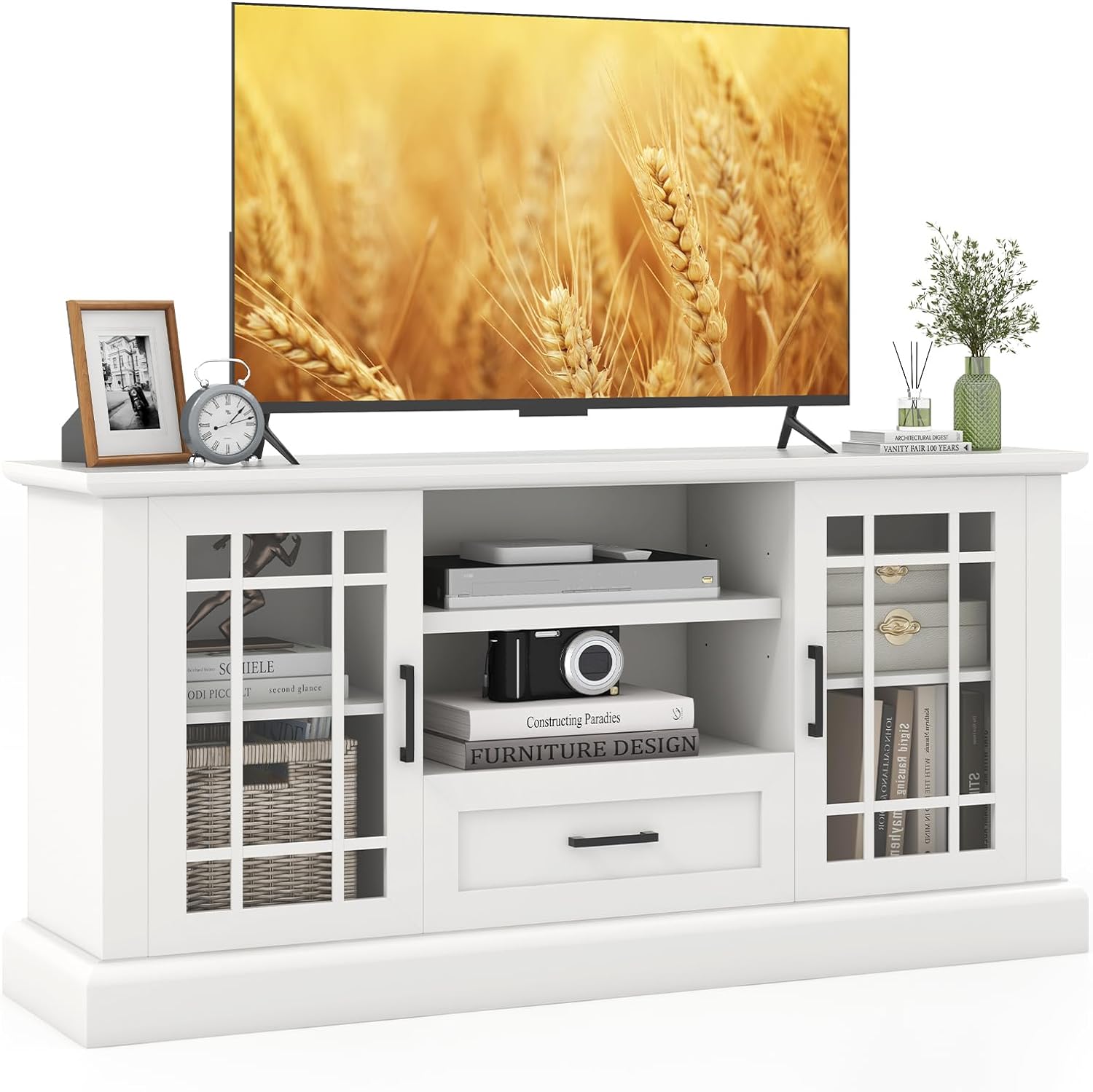 Tangkula Farmhouse TV Stand for TV up to 70 Inch, Tall Media Console Table with 2 Glass Doors