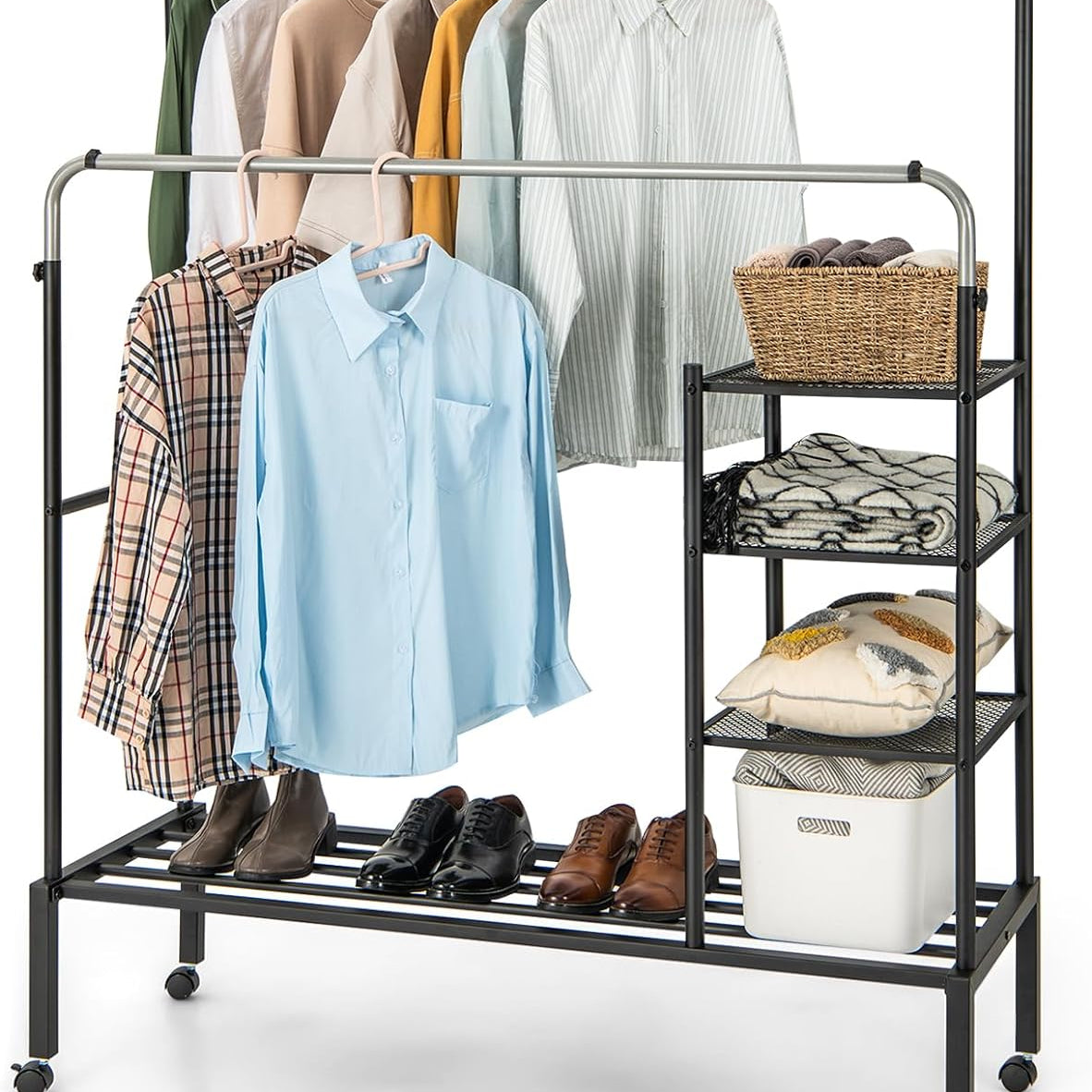 Tangkula Rolling Double Rods Garment Rack, Clothes Drying Rack with Height Adjustable Hanging Bars