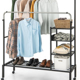 Tangkula Rolling Double Rods Garment Rack, Clothes Drying Rack with Height Adjustable Hanging Bars