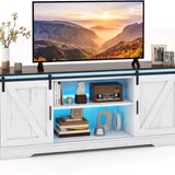 Tangkula LED TV Stand for 65” TVs, Sliding Barn Door Entertainment Center with Lights, Adjustable Brightness