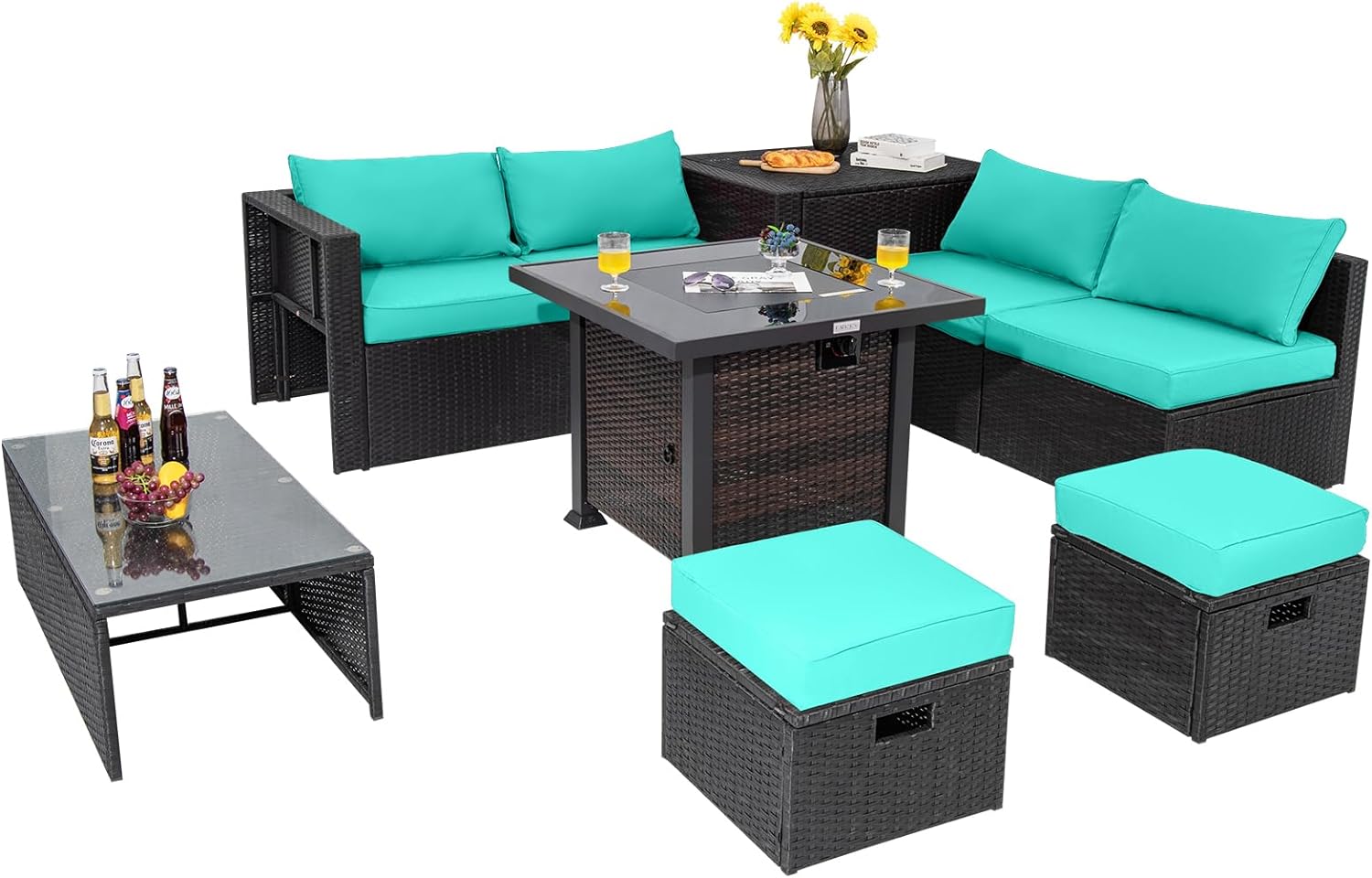 Tangkula 9 Pieces Patio Furniture Set with 32” Fire Pit Table, 50,000 BTU Square Propane Fire Pit