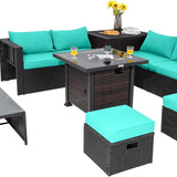 Tangkula 9 Pieces Patio Furniture Set with 32” Fire Pit Table, 50,000 BTU Square Propane Fire Pit
