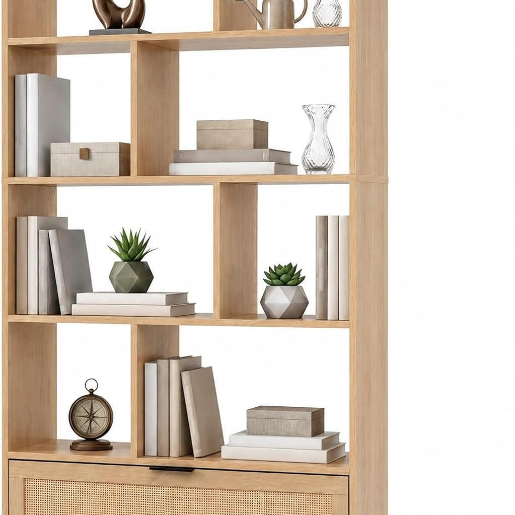 Tangkula Freestanding 6-Tier Wooden Bookshelf with Rattan Drawer