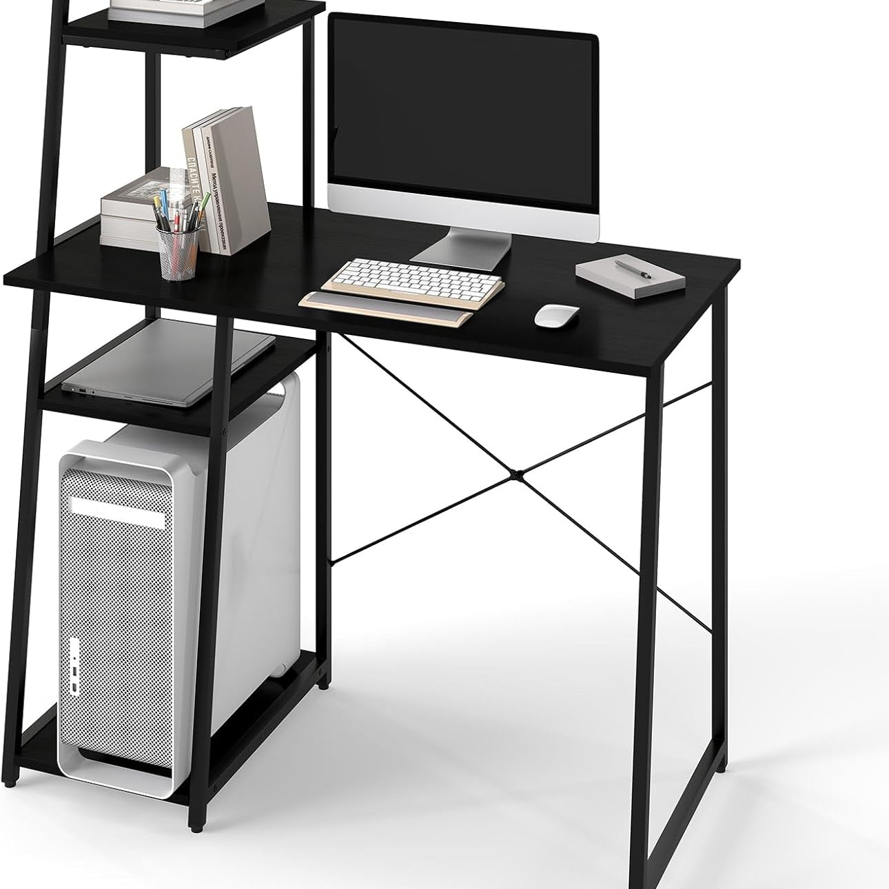Tangkula Computer Desk with Shelves, Space Saving Home Office Desk with 3-Tier Ladder Shaped Storage Bookshelf