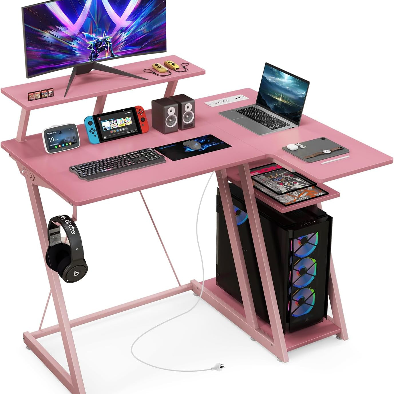 Tangkula L Shaped Gaming Desk with Power Outlets, Small Gaming Computer Desk 39inch with Storage Shelf