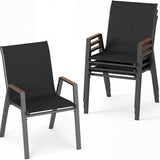 Tangkula Stackable Patio ChairsOutdoor Breathable Fabric Dining Chairs with High Backs and Wood-Plastic Armrests for Backyard