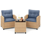 Tangkula PE Rattan Wicker 3 Pcs Outdoor Sofa Set w/Washable Cushion and Tempered Glass Tabletop
