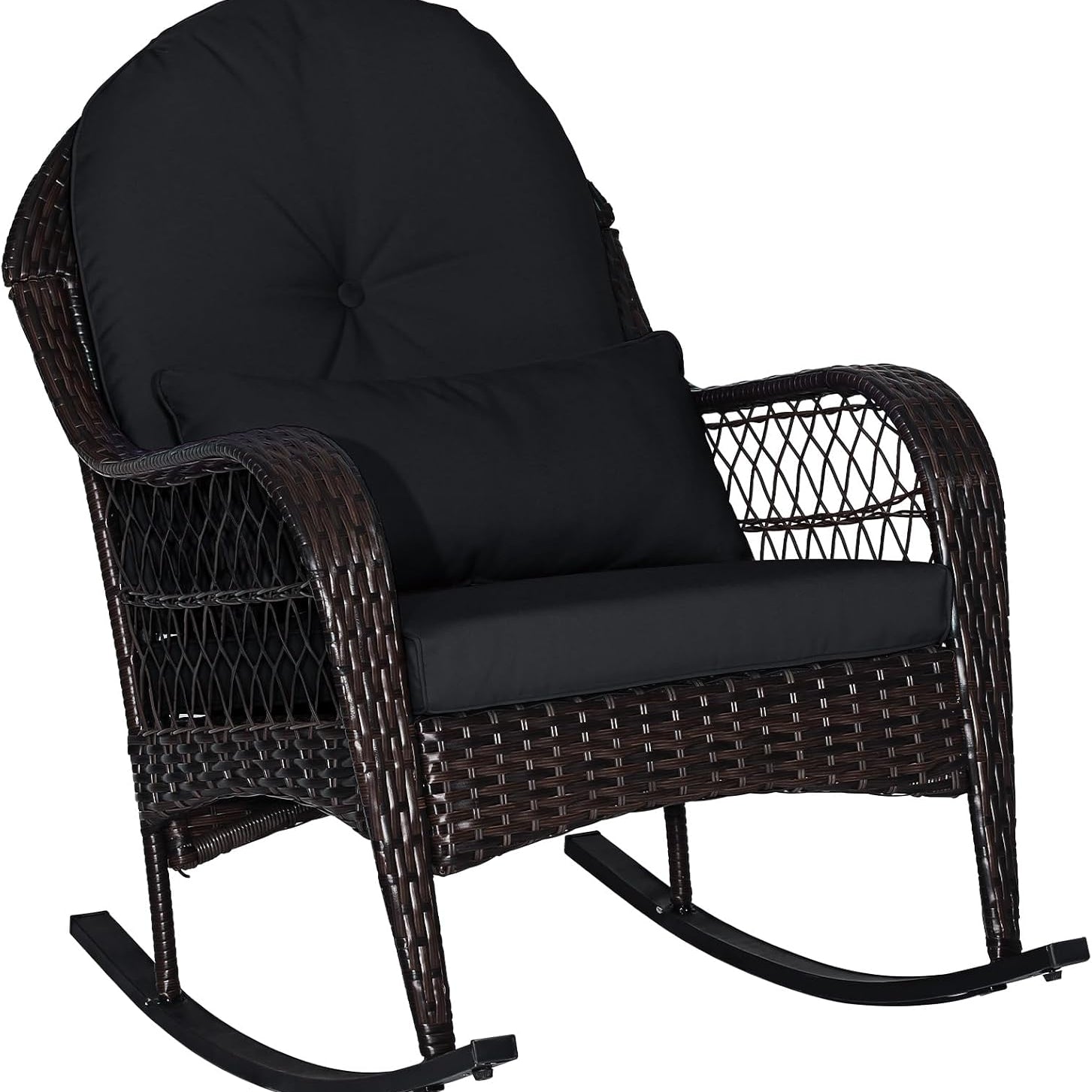 Patio Wicker Rocking Chair, Outdoor PE Rattan Rocker with Seat and Back Cushion