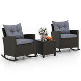 Tangkula 3 Piece Wicker Rocking Set, Patio Rattan Roker Chairs with Tempered Glass Table & Soft Cushions