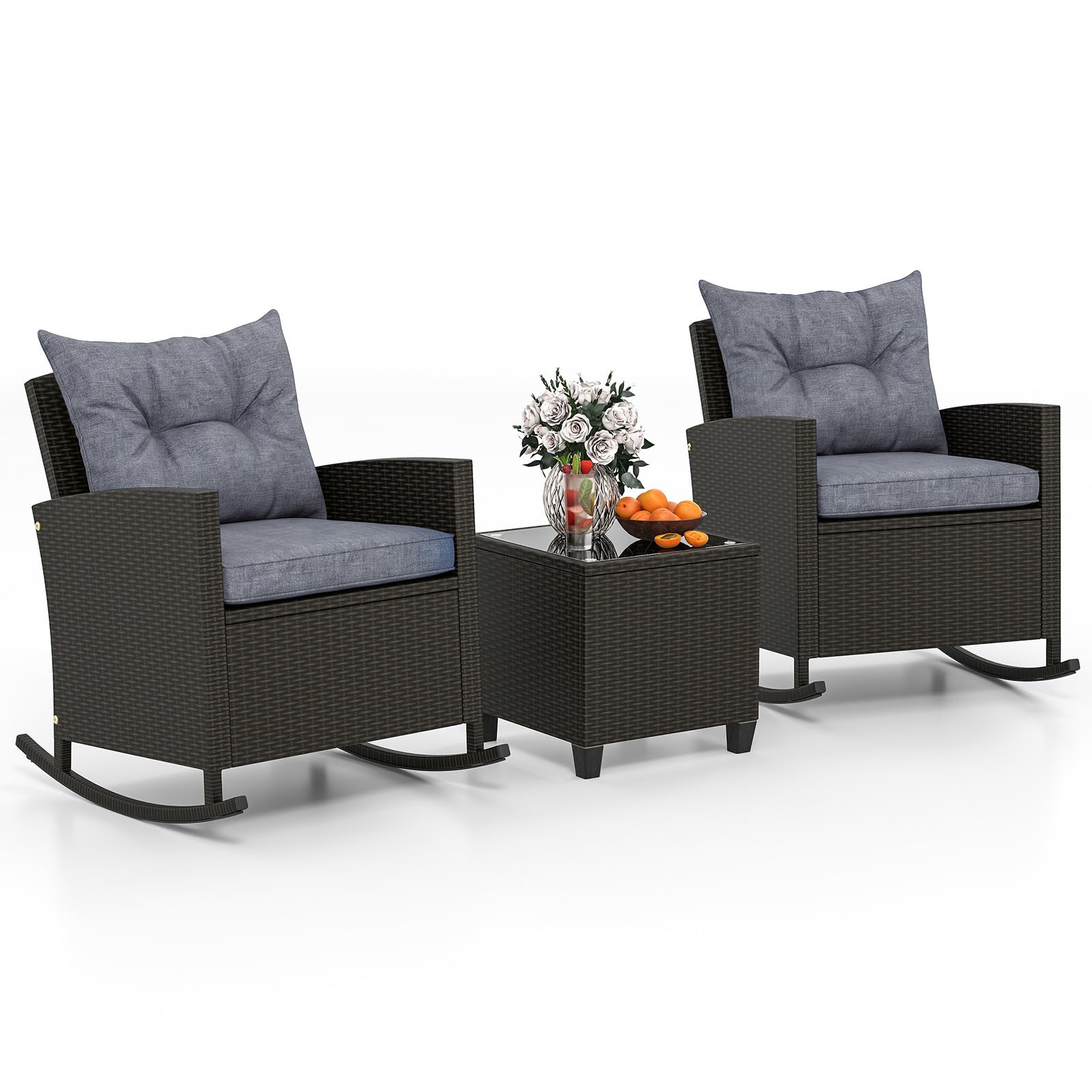 Tangkula 3 Piece Wicker Rocking Set, Patio Rattan Roker Chairs with Tempered Glass Table & Soft Cushions