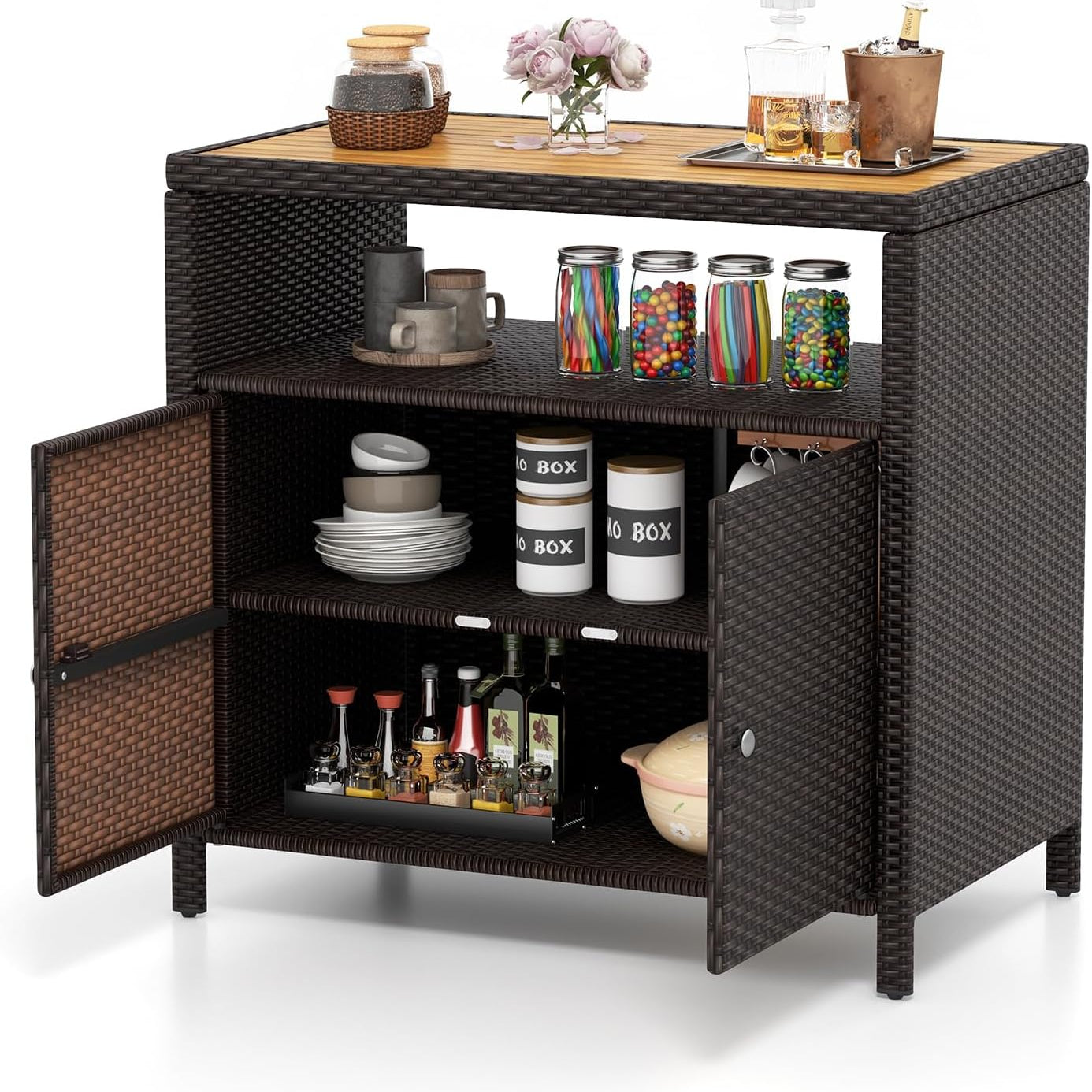 Tangkula Rattan Storage Cabinet, Outdoor Patiojoy Buffet Cabinet with Acacia Wood Countertop