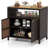 Tangkula Rattan Storage Cabinet, Outdoor Patiojoy Buffet Cabinet with Acacia Wood Countertop
