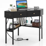 Tangkula Corner Desk with 2 Drawers & Built-in Charging Station, 90 Degrees Triangle Corner Computer Desk