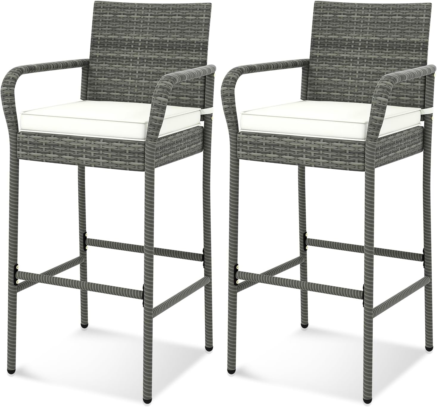 Tangkula Patio Wicker Barstools Set of 2, Outdoor PE Rattan Bar Chairs with Armrests & Soft Cushions