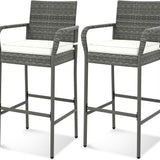 Tangkula Patio Wicker Barstools Set of 2, Outdoor PE Rattan Bar Chairs with Armrests & Soft Cushions