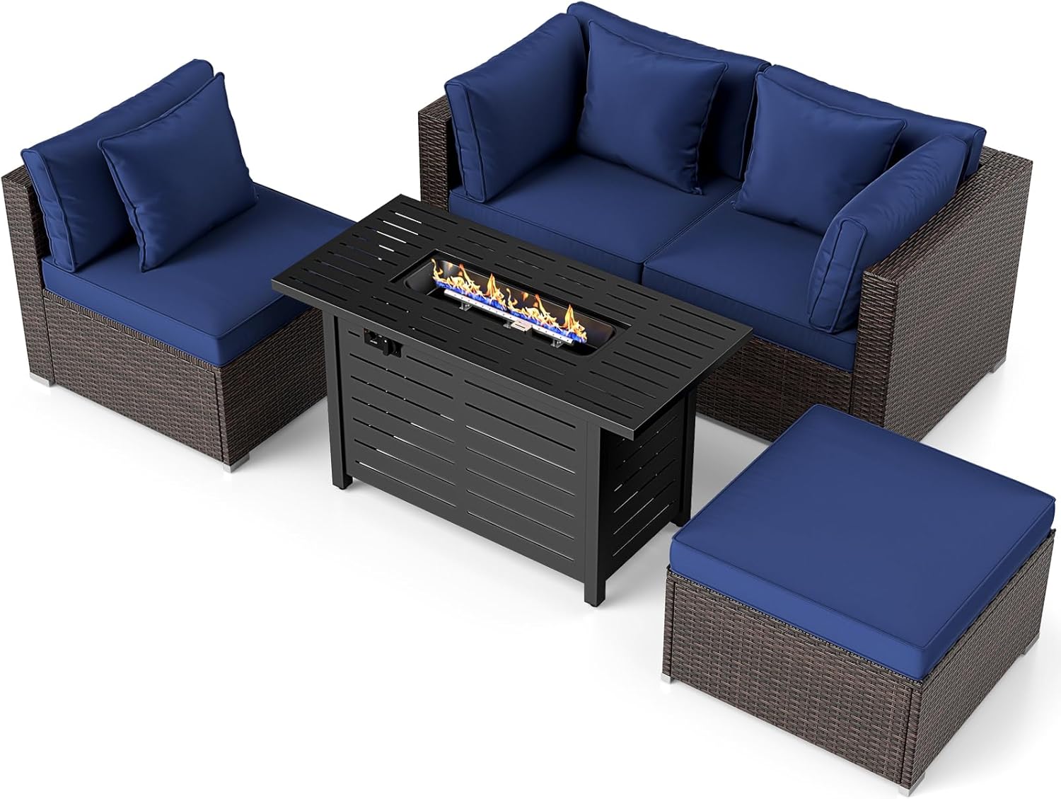 Tangkula 5 Piece Patio Rattan Sectional Sofa Set with 60,000 BTU Firepit Table