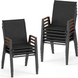 Tangkula Stackable Patio ChairsOutdoor Breathable Fabric Dining Chairs with High Backs and Wood-Plastic Armrests for Backyard