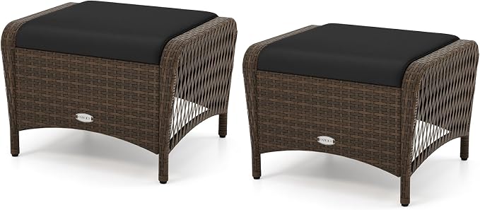 Tangkula 2 Pieces Patio PE Wicker Ottomans with Removable Cushions