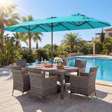 Tangkula 8 Piece Rattan Outdoor Dining Set with 13Ft Umbrella for 6