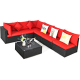 Tangkula 7 Piece Patio Furniture Set, Outdoor Sectional Sofa w/Pillows and Cushions, Wicker Sofa Conversation Set with Coffee Table