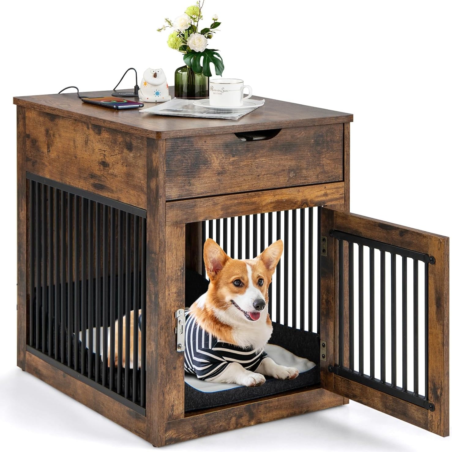 Tangkula Dog Crate Furniture, Decorative Dog Kennel End Table with Storage Drawer