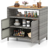 Tangkula Rattan Storage Cabinet, Outdoor Patiojoy Buffet Cabinet with Acacia Wood Countertop