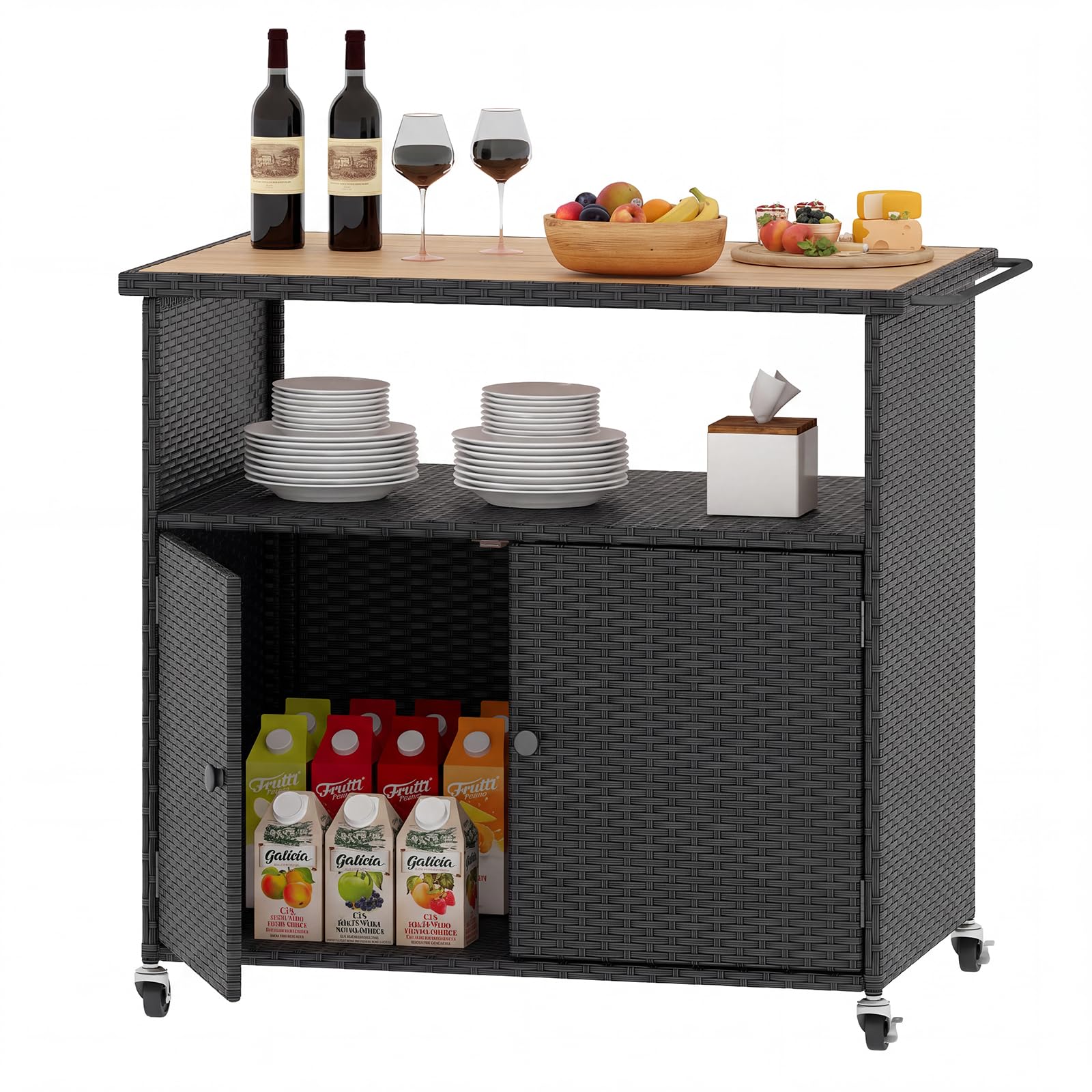 Tangkula Rattan Outdoor Storage Cabinet with Acacia Wood Countertop Open Compartment Storage Shelf