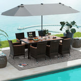 Tangkula 10 Piece Patio Rattan Dining Set with 15Ft Double-Sided Umbrella