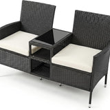 Tangkula Patio Loveseat | Outdoor Wicker 2-Seat Bench with Built-in Glass Side Table
