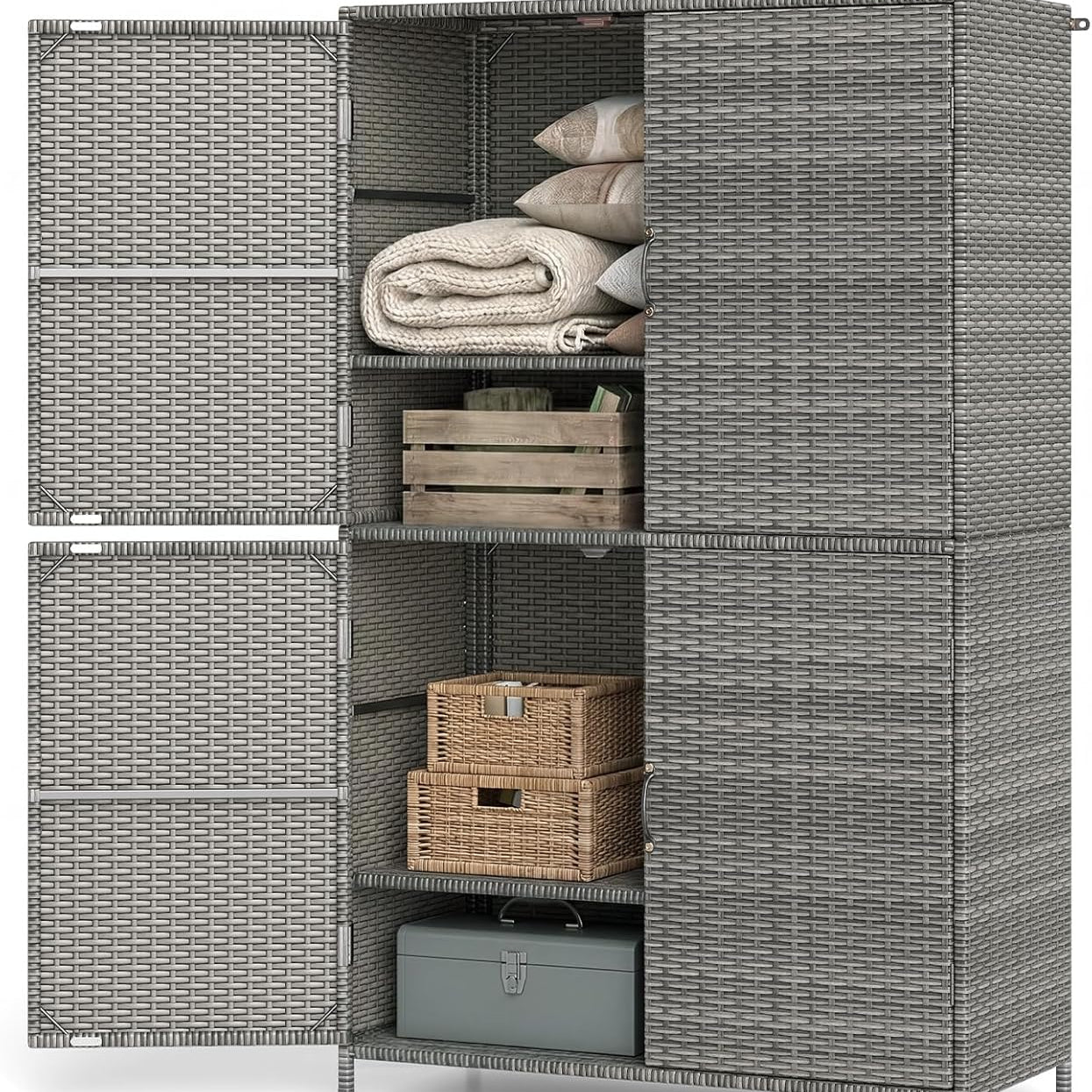 Tangkula Rattan Outdoor Storage Cabinet with 2 Adjustable Shelves