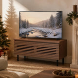 Tangkula Farmhouse TV Stand for 32/40” TV (Walnut, Cabinet) | Mid Century Modern Entertainment Center with Storage Cabinets & Fluted Drop-Down Doors