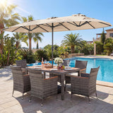 Tangkula 8 Piece Rattan Outdoor Dining Set with 13Ft Umbrella for 6