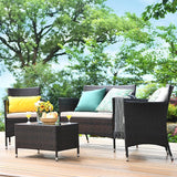 Tangkula 4-PCS or 8-PCS Patio Rattan Conversation Set, Outdoor Wicker Furniture Set with Tempered Glass Coffee Table &Thick Cushion
